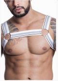 !                           ST**  HARNESS EM ELÁSTICO BRANCO LISTRADO COM ARGOLAS METALICAS-FRENTE