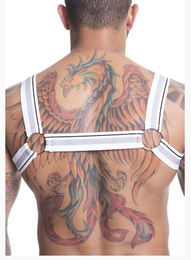 ! ST** HARNESS EM ELASTICO BRANCO LISTRADO COM ARGOLAS METÁLICAS-COSTAS