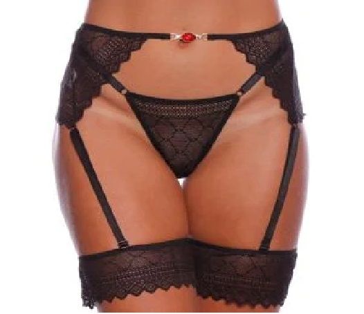 ! ** (INDISPONÍVEL) TANGA SAMARA EM RENDA COM CINTA LIGA PATITEX PRETA