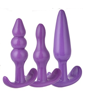 ! ST** Kit Plug Anal 3 Itens Em Silicone Com Alça Macio Lilás