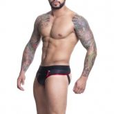 (INDISPONÍVEL)CUECA EM CIRRE PRETO E VERM TRABALHADO FRENTE SLIP E ATRAS JOCK