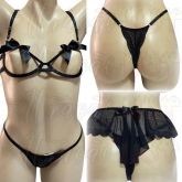 !     ST**  Conjunto Calcinha + Sutia VAZADO Peito de Fora,Feminino Sexy 2 Laços,